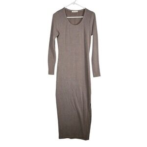 Rhea & Thea Womens Striped Ribbed Maxi Dress Long Sleeve Side Slit Taupe S